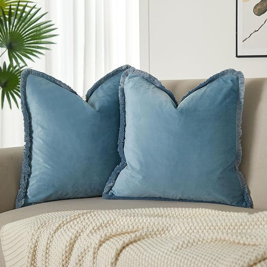 JUSPURBET Aqua Decorative Velvet Fringe Throw Pillow Covers 18x18 Set of 2 Boho Soft Cushion Case for Home Decor Living Room Couch Sofa Bed