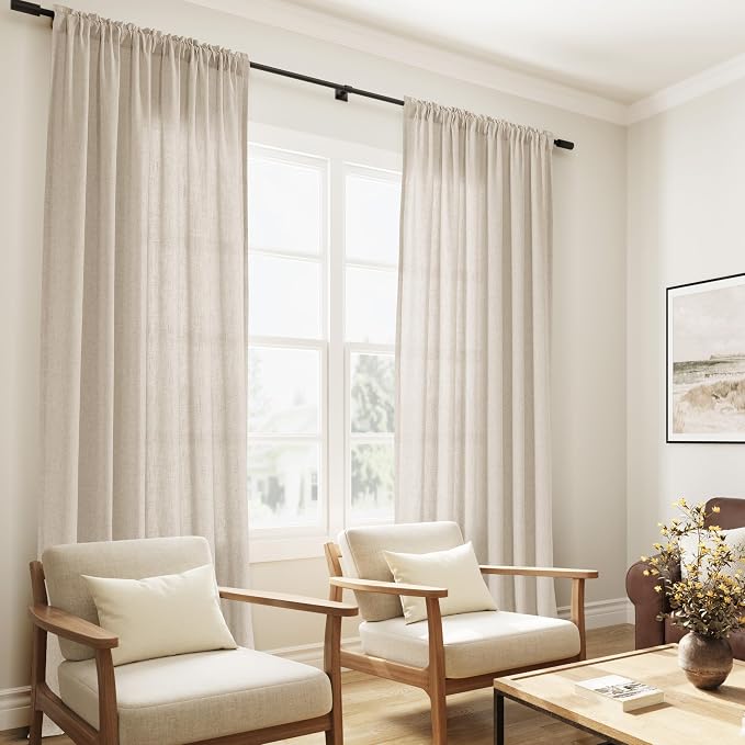 Cream Beige Linen Curtains 84 Inches Long Rod Pocket Semi Sheer Dining Room Cozy Bedroom Decor Cotton Look Country Rustic Farmhouse Boho Curtains 2 Panel Set,52x84