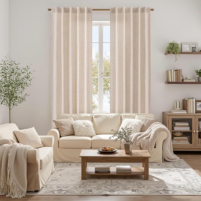 MIULEE Faux Linen Curtains 84 Inch Length 2 Panels Natural Ivory Semi Sheer Curtain with Back Tab Rod Pocket, Light Filtering Window Privacy Burlap Drapes for Living Room Bedroom 42W x 84L