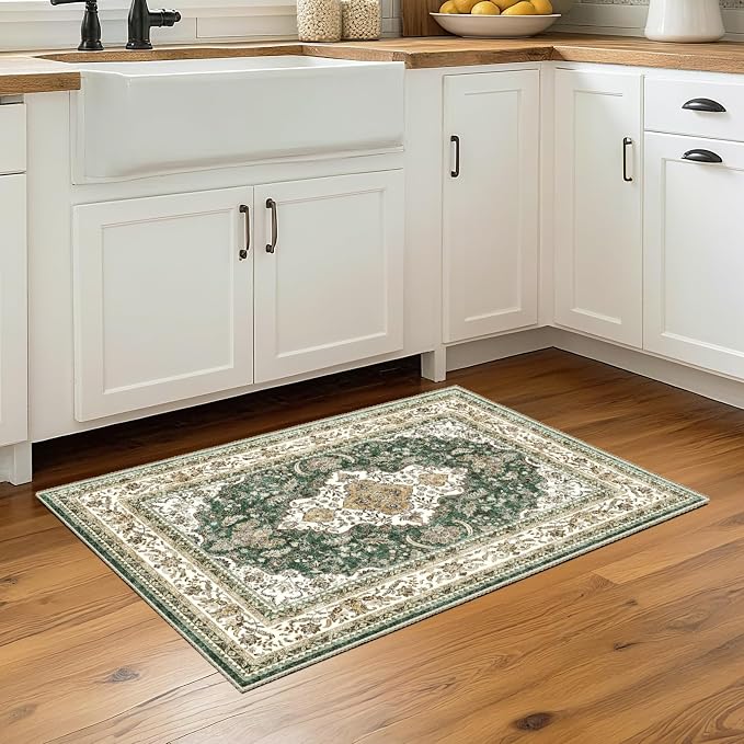 AooHHooA 2x3 Washable Entryway Rug Green, Soft Stain Resistant 2x3 Boho Rug Vintage Small Rugs for Entryway, Low Pile Lightweight Non-Slip Indoor Door Mat Small Rugs for Bedroom Bathroom
