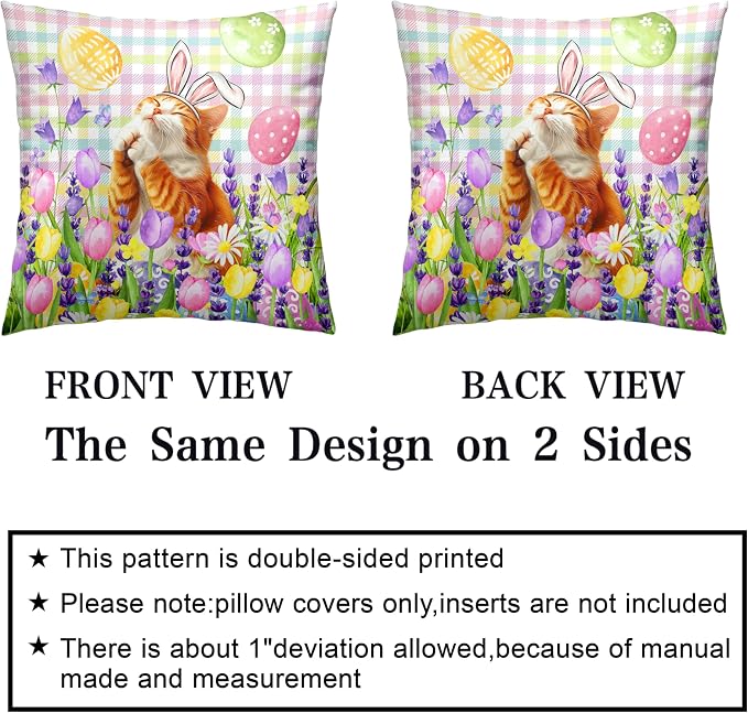 Spring Easter Pillow Covers 22x22 Set of 2 Lovely Cow Cat and Ginger Cat Wearing Bunny Ears Throw Pillow Covers Tulip Floral Pillow Case for Easter Decoration Sofa Patio Garden