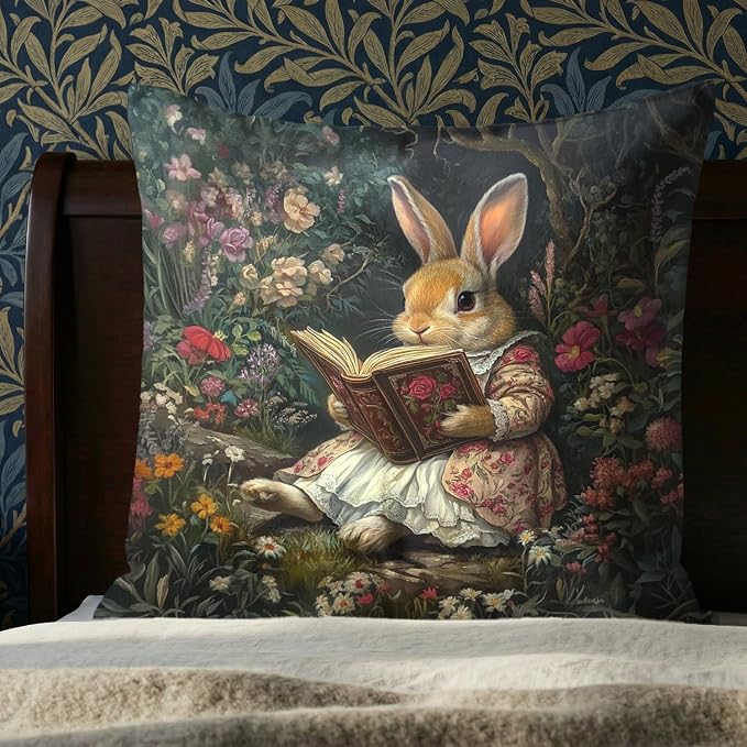 YOU FOUND ME Vintage Rabbit Flowers Decorative Throw Pillow Cover William Morris Inspired- Vintage Flower Gift Art Farmhouse Cushion Pillowcase for Sofa Couch Bed Outdoor Living Room Home Decor