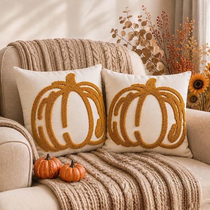 ONFAON Embroidered Fall Pumpkin Pillow Covers 18x18 Inch Set of 2 | Autumn Decor Throw Pillow Cover, Halloween Farmhouse Home Decor Throw Cushion Cases for Living Room Couch Sofa Bed
