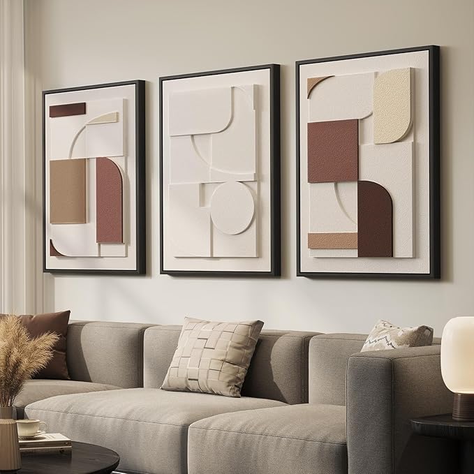 Large 3D Textured Neutral Abstract Framed Wall Art for Living Room, 3 Piece | Wood Frames, Brown and Cream, Set of 3 Sandstone Paintings, 20x30 In Modern Geometric Sculptural Wall Decor Bedroom Office