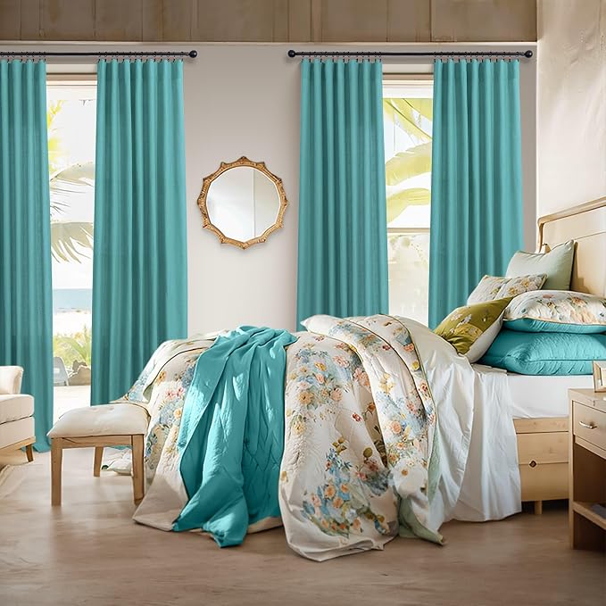 Pitalk Light Filtering Teal Sheer Curtains 108 Inches Long 2 Panels Set for Living Room Linen Semi Sheer Voile Light Weight Floor to Ceiling Turquoise Aqua Blue Green Drape for Bedroom 52x108 Back Tab