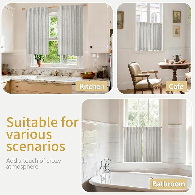 YoungsTex Light Grey Linen Curtains 36 Inch Length for Kitchen Cafe Window | Short Semi Sheer Drapes Textured with Rod Pocket Back Tab for Bathroom Window Over Sink, 2 Panels, 42 X 36 Inch