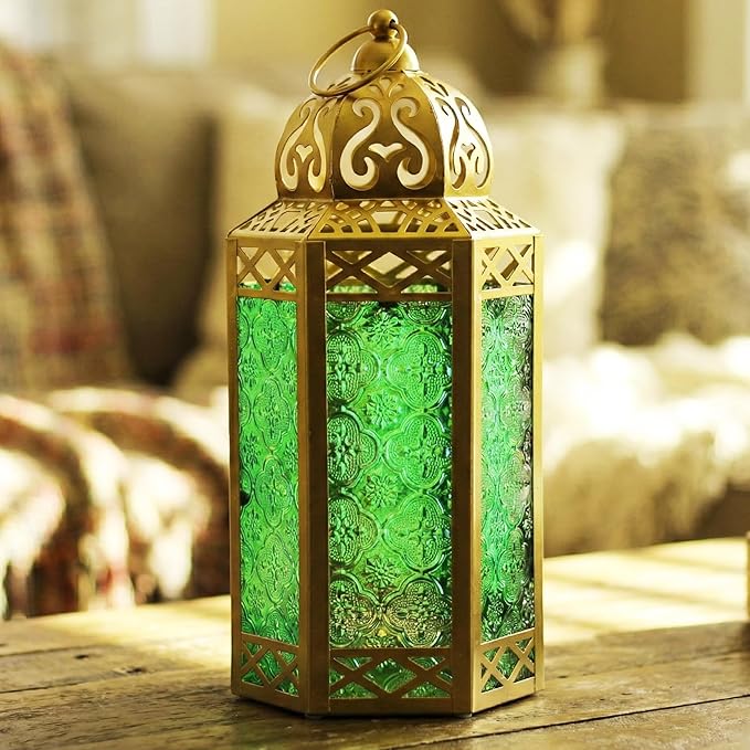 Vela Lanterns 12" Metal Moroccan Decorative Candle Lantern Holders for Hanging or Table, Indoor Home Decor, Outdoor Patio or Porch, Weddings, Gold, Green Glass, Large