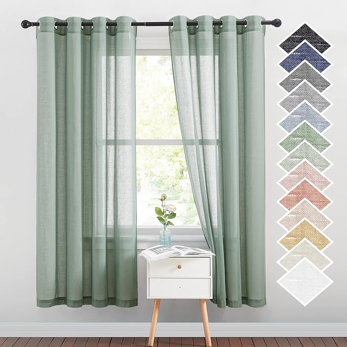 NICETOWN Linen Blend Flax Semi Sheer Window Curtains, Grommet Vertical Drapes Privacy with Light Through for Bedroom/Living Room, Olive Green, W52 x L72, 2 Pieces
