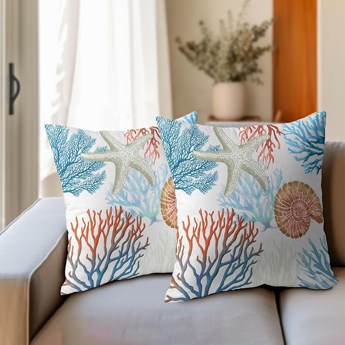Kawani Coastal Pillow Covers 20x20 Inch Beach Theme Starfish Coral Seashell Outdoor Decorative Throw Pillows Set of 2 Nautical Ocean Blue Pillowcases for Couch Home Decor