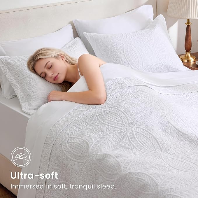 Love's cabin Queen Quilt Set White, Bed in a Bag Queen Size Bedding 7 Pieces, Ultrasonic Embossed Coin Pattern Comforter, Lightweight Bedspreads for All Seasons Quilt with Sheets, Pillowcases & Shams