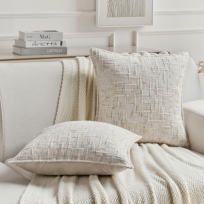 FUTEI Pack of 2 Chenille Tweed Vintage Throw Pillow Covers 26x26 Inch Soft Decorative Euro Pillow Shams Modern Farmhouse Accent for Couch Bed Living Room, Cream