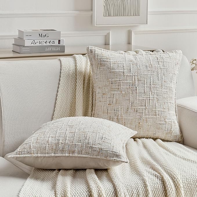 FUTEI Pack of 2 Chenille Tweed Vintage Throw Pillow Covers 20x20 Inch Soft Decorative Cushion Case Modern Farmhouse Accent for Couch Bed Living Room, Cream