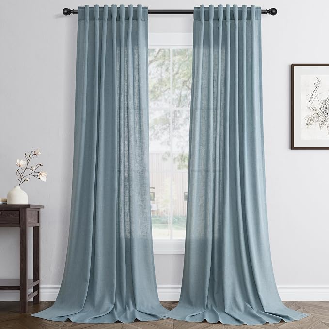 Jowels Blue Linen Curtains 102 Inch Long 2 Panels for Living Room | Light Filtering Semi Sheer Curtain, Back Tab Pocket Pleated Look, Boho Farmhouse Textured Privacy Drapes for Bedroom Window