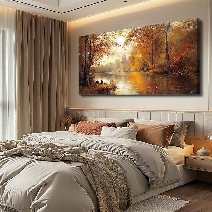 FUHAIHUA Canvas Wall Art For Living Room Large Wall Decor For Bedroom Aesthetics Office Wall Decoration Saffron Yellow Tree Landscape Painting Forest Picture Artwork Ready To Hang Home Decor 24"X48"