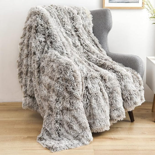 GONAAP Fuzzy Faux Fur Twin Blanket for Couch, Frosty Grey, 60"x80" | Warm Cozy Plush Shaggy Decorative Reversible Thick Non-Heated Fleece Blanket for Sofa Bed, Gift for Women Men, All Season Use