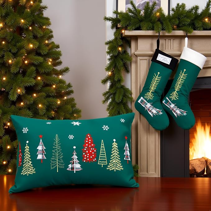 Christmas Embroidery Throw Pillow Covers 16 x 26 inch Set of 2 Christmas Dec Velvet Pillowcases Forest Green Xmas Tree Cushion Pillow Cases Soft Lumbar Holiday Pillowcase