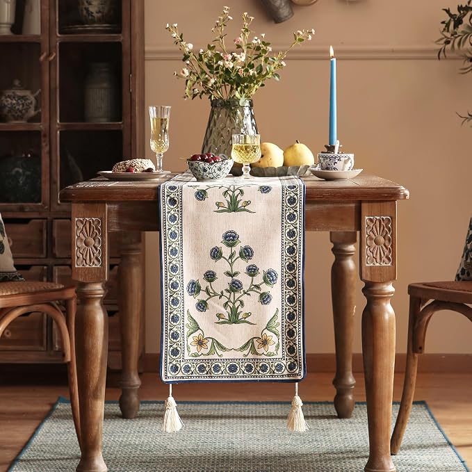 Patdrea Designer Elegant French Linen Table Runner,12"X87"-Ivar B | Vintage Tablerunner 87 Inches Long,Floral Pattern with Tassel Edge,Decorative Runner for Dining Room Living Room