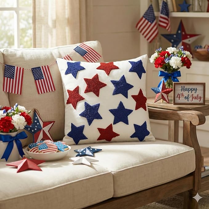 AVOIN colorlife 4th of July Patriotic Embroidered Throw Pillow Covers, 18 x 18 Inch Striped Star Flag Stars Decor Tufted Patterned Linen Cushion Case for Sofa Couch Set of 2