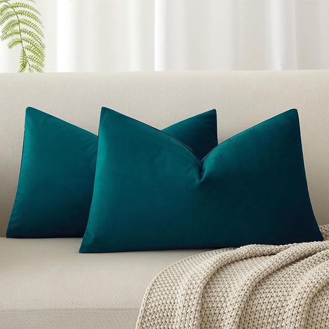 JUSPURBET 12x20 Lumbar Velvet Throw Pillow Covers Set of 2,Peacock Blue