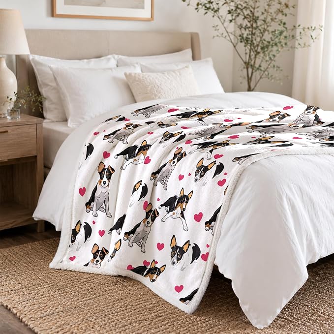 BlessLiving Throw Blanket, White Black Dog Pink Animal, 50x60 Inches | sherpa fleece fabric, Rat Terrier Dense Pet Blankets Puppy print, for couch or sofa, pet lovers, easy machine care