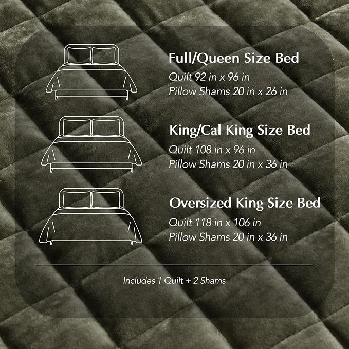 RECYCO Velvet Quilt Set, Oversized California King 118"x106", Olive Green | Channel Box Stitch Velvet Comforter Set, Ultra Soft Lightweight Bedspread Coverlet, All Season Bedding Set, with 2 Shams