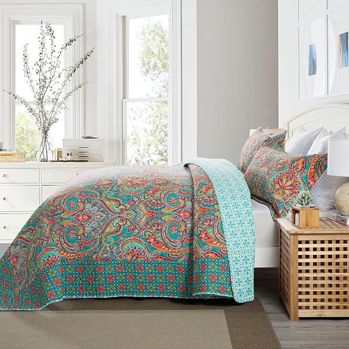 NEWLAKE Cotton Bedspread Quilt Sets-Reversible Patchwork Coverlet Set, European Gorgeous Floral Pattern, California King Size