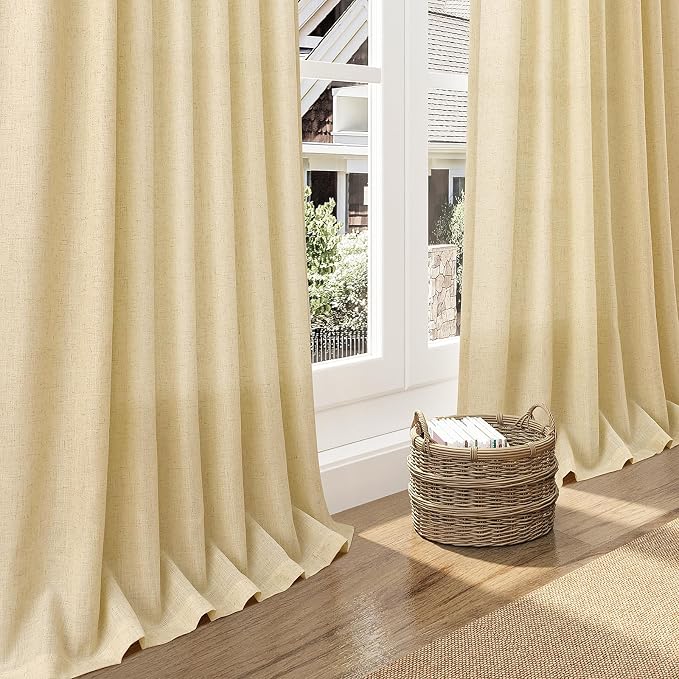 Cream Yellow Linen Curtains 90 Inches Long for Living Room Light Filtering Modern Farmhouse Sheer Curtains Back Tab and Rod Pocket Curtain for Bedroom Office 52x90, 2 Panels