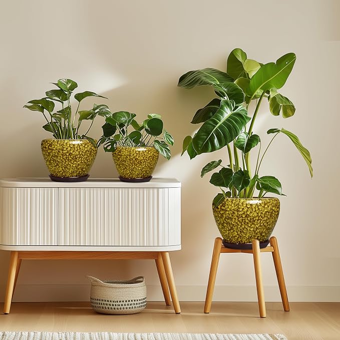 10 Inch Ceramic Pots for Plants, Indoor Plant Pot, Yellow Leopard | Round Planters for Indoor Plants, Modern Large Planter with Drainage Hole and Saucer, Garden Decor, Gifts for Gardeners
