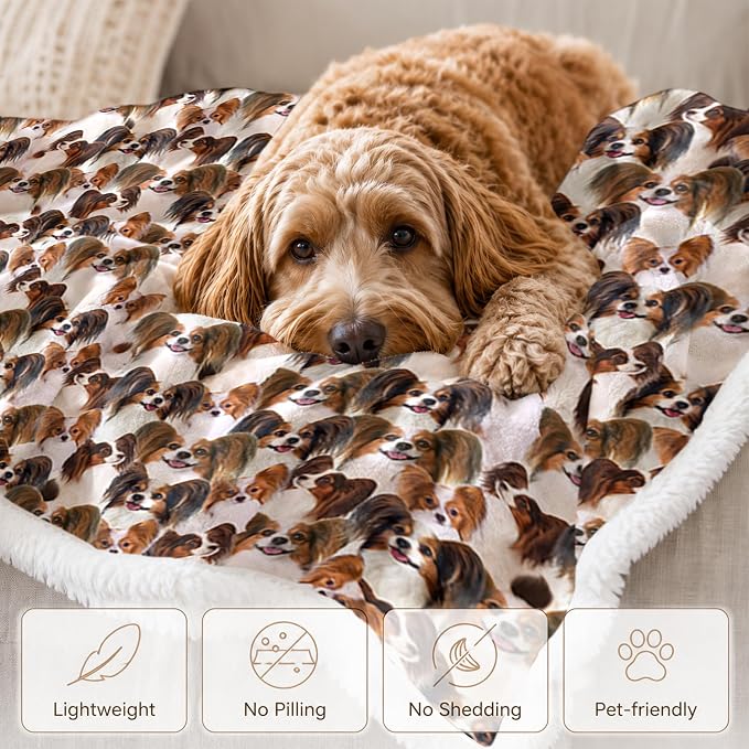 BlessLiving Throw Blanket, Brown Dog Animal Gift, 50x60 in | sherpa fleece fabric, Papillon Dense Pet Blankets Puppy Lovers print, for couch or sofa, pet lovers, easy machine care