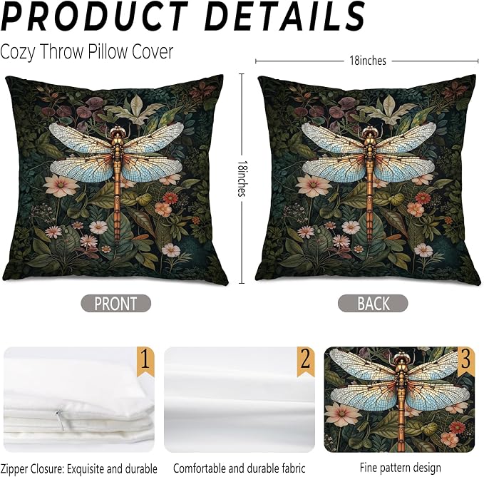 Moody Floral William Morris Dragonfly Pillow Covers 18x18, Dark Cottagecore Room Decor, Dark Academia Botanical Floral Throw Pillow Covers for Home Bedroom, Dragonfly Gifts for Women