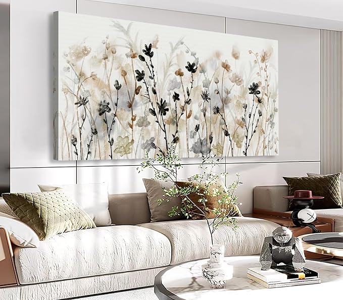 Large Framed Floral Wall Art Flowers Canvas Pictures Grey Cream Brown Abstract Botanical Canvas Painting Artwork Simple Life Wall Decor for Living Room Bedroom Kitchen Home Office Decoration 29"x 58"