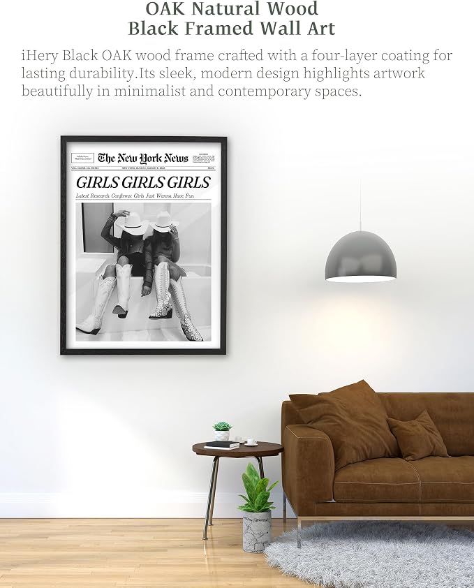 iHery 12x16in Girls Just Wanna Have Fun Framed Newspaper Wall Art | Premium Black Natural OAK Wood Frame with Canvas Print, Western Cowgirl Decor for Bedroom, Dorm Bar Cart, 1Pack