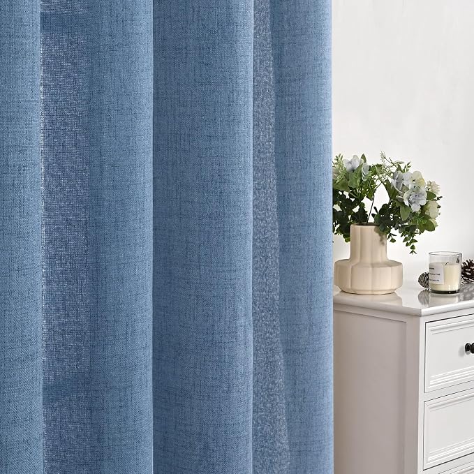 YoungsTex 48 Inch Length Denim Blue Linen Curtains, Short Drapes Light Filtering Semi Sheer with Rod Pocket Back Tab for Bathroom Living Room Windows, 2 Panels, 42 X 48 Inch