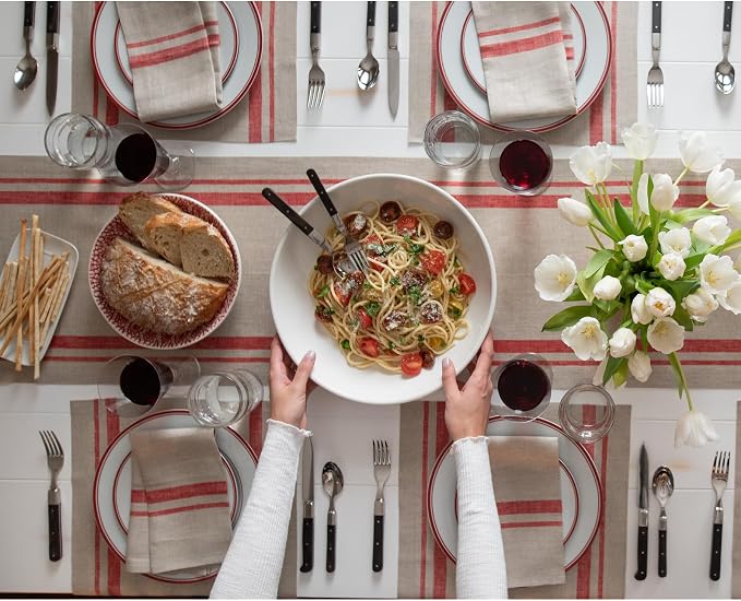 Solino Home 100% Pure Linen Table Runner, 14 x 36 in, Red, French Stripe | brings a tailored look to family meals and hosting, woven stripe, European flax fibres, machine washable, OEKO-TEX Certified