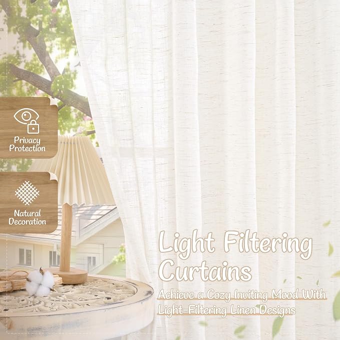 Linen Curtains 40 Inch Length for Kitchen Windows Over Sink | Semi Sheer, Light Filtering, Cream Ivory Drapes, Back Tab Rod Pocket, Panels for Small Windows, Bathroom, 25 x 40 Inch