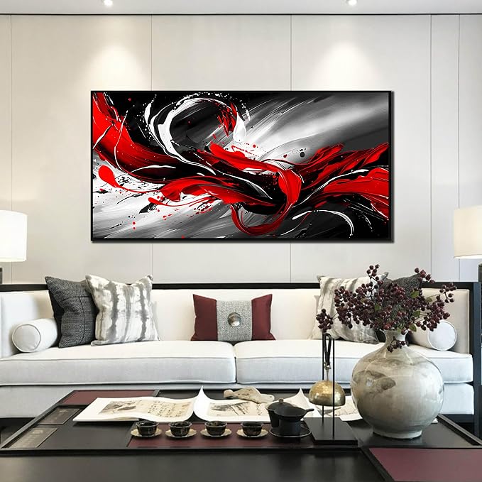 Black White and Red Abstract Print Picture Painting Large Canvas Wall Art for Living Room Bedroom With Black Wood Framed Canvas Wall Decor Modern Room Abstract Wall Decorations Artwork Size 30x60 Ready to Hang