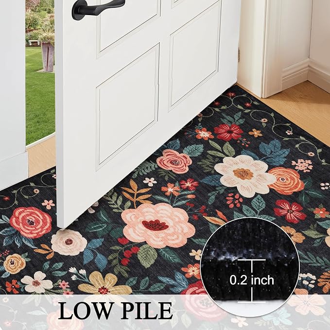 DUKINO 3x14 Washable Runner Rug, Non Slip Long Kitchen Runner Rug, Black | Soft, Low Pile, Floral Indoor Carpet Runner for Hallway, Entryway, Bedroom, Bathroom, Laundry, Pet Friendly, Home Decor