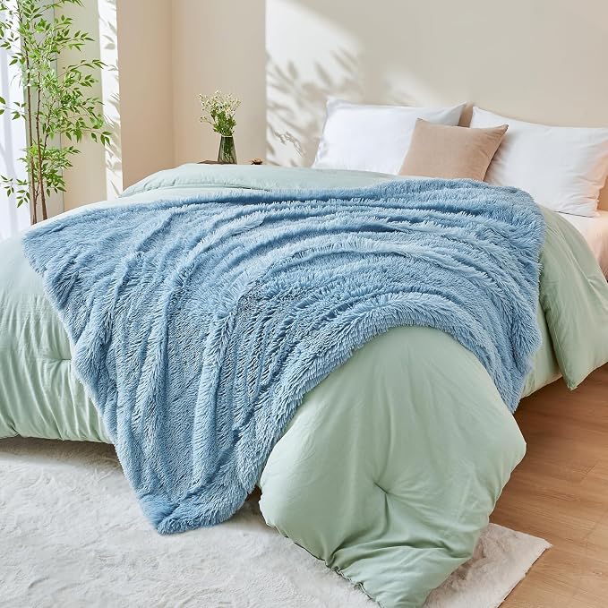 GONAAP Fuzzy Faux Fur Throw Blanket for Couch, Light Blue, 50"x60" | Warm Cozy Plush Shaggy Decorative Reversible Thick Non-Heated Fleece Blanket for Sofa Bed, Gift for Women Men, All Season Use