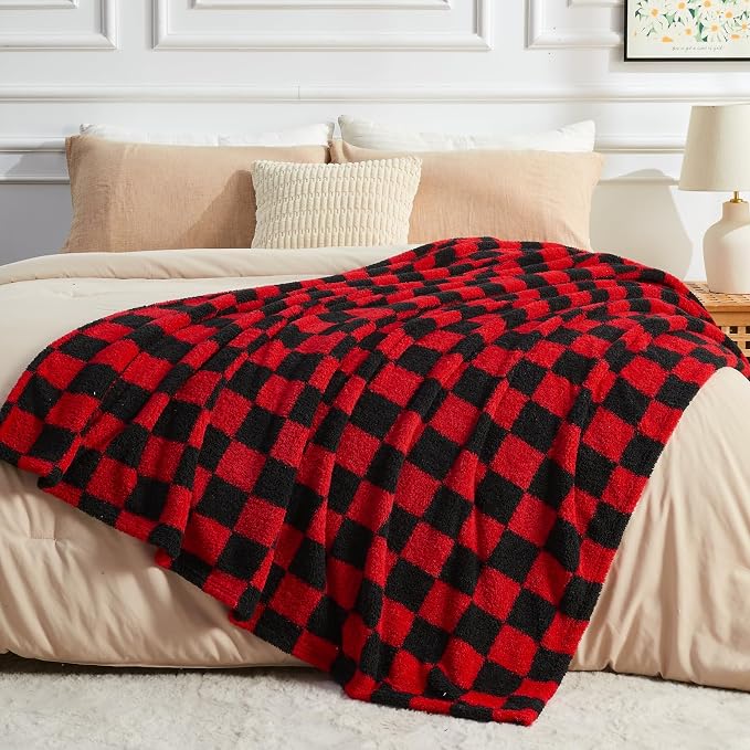 NEWCOSPLAY Knitted Throw Blanket for Couch Sofa Bed, Red Black, 50"x60" | Super Soft Plush, Fuzzy Fluffy Microfiber, Lightweight Cozy Blanket for Room Decor, All Season Use