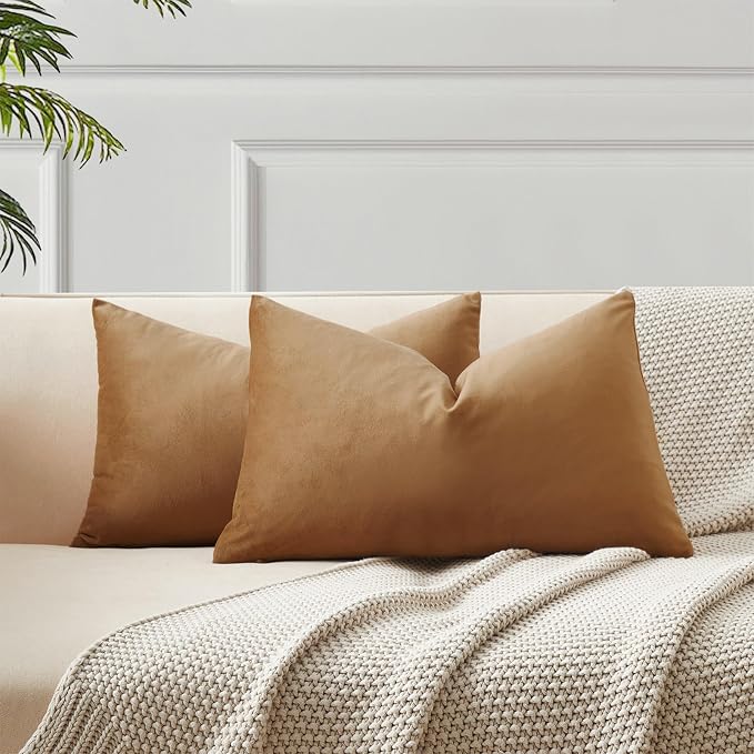 16x24 Velvet Throw Pillow Covers Set of 2 for Couch Bed Sofa,Light Brown