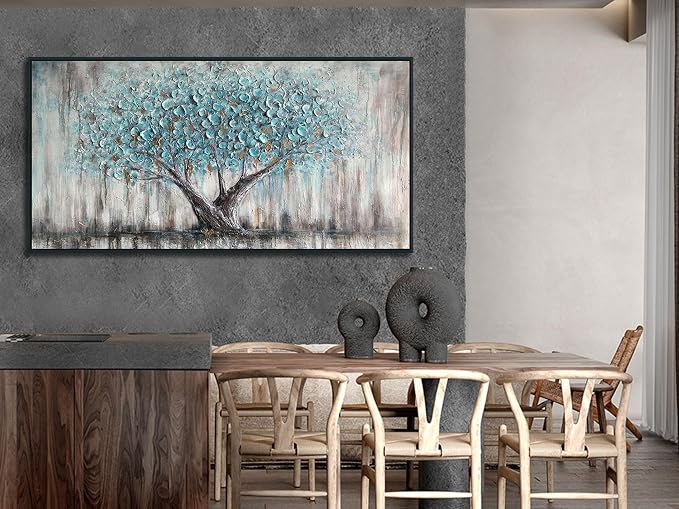 Arjun Framed Blue Tree Canvas Wall Art Large Tree of Life Painting 48"x24" | Living Room Bedroom Teal Hand Painted Textured Painting, Nature Picture Panoramic Landscape Artwork Home Office Wall Decor