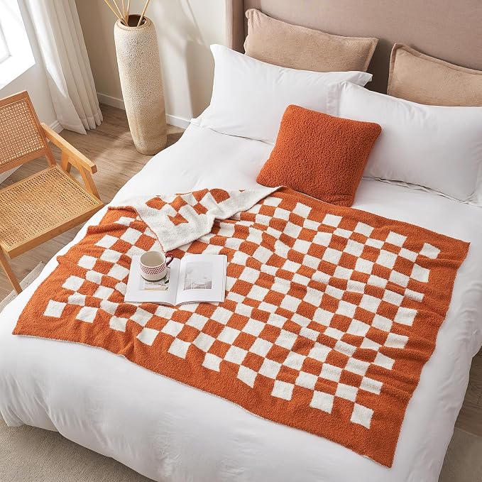 Snuggle Sac Checkered Bedding Blanket Twin Size 60x80, Super Soft, Cozy Warm Knit Blankets, Reversible Breathable Lightweight Fluffy Throws for Travel, Bed, Checkered Burnt Orange, 60x80 Inches
