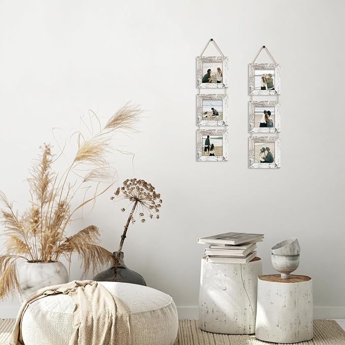 4x4 Collage Picture Frames Set of 2, Rustic Wooden Real Glass Vertical Hanging 3 Opening 4 by 4 Photo Frame, Distressed White