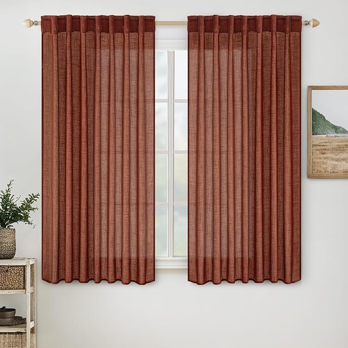 MIULEE Burnt Orange Fall Linen Curtains 52x45 Inch 2 Panels for Bedroom | Short,Soft Thick Linen Textured Basement Bathroom Kitchen Window Drapes, Semi Sheer Light Filtering, Back Tab, Fall Decor