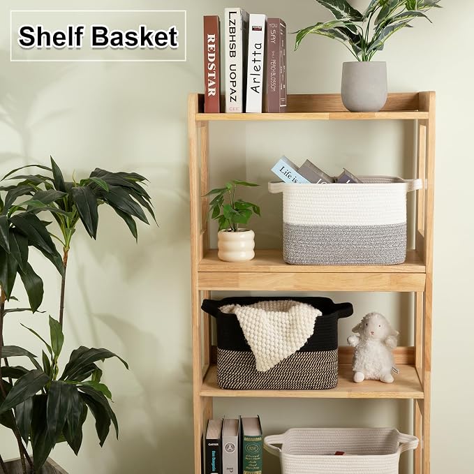OIAHOMY Woven Storage Basket for Shelves, Rectangle Cotton Rope Baskets for Organizing, 13 x 10 x 9 in, Storage Bins for Dog Toys,Towel,Books,Gift,Grey and White