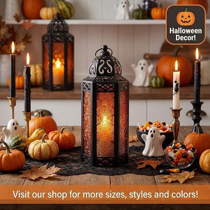 Vela Lanterns Decorative Indoor Moroccan Candle Holder, Amber, M | Halloween Decorations, Amber Orange Glass Decor, Gothic Dark Academia Lamp, Turkish Votive Pillar Tealight, 10.5in Tall
