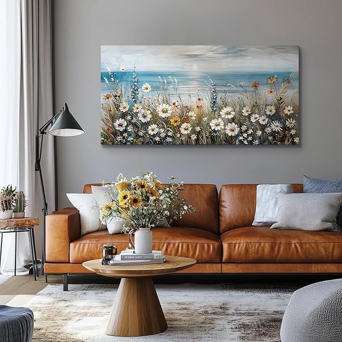 SERIMINO Coastal Landscape Wall Art, Daisy Wildflower Wall Pictures 20"X40" | Farmhouse Wall Decor, Beach Daisy Wildflower Canvas Prints, Living Room Dining Room Decor, Ready To Hang, Vibrant Colors