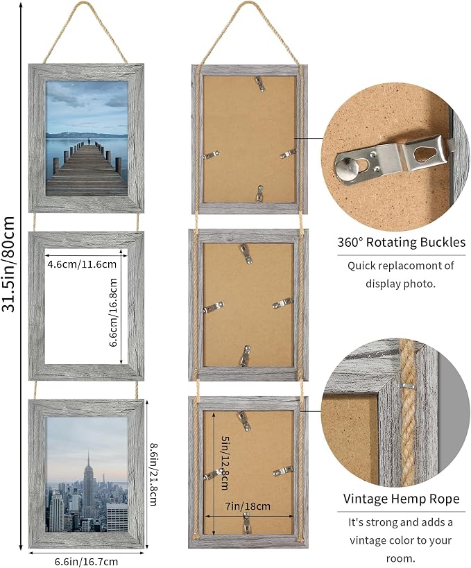 5x7 Collage Picture Frames Set of 2, Rustic Gray Wooden Real Glass Vertical Hanging 3 Opening 5 by 7 Photo Frame, Grey