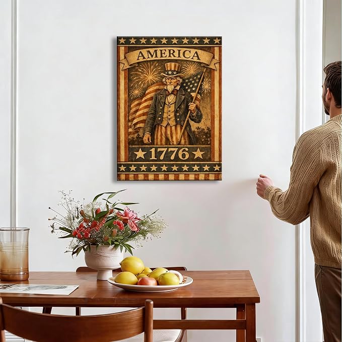 Made in USA Vintage Patriotic Uncle Sam 1776 Wall Art, American Flag Canvas Prints, 4th of July Independence Day Decor for Living Room, Bedroom, Kitchen & Holiday, Framed