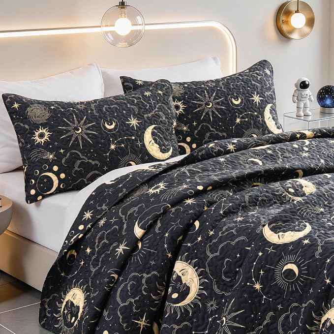 EXQ Home Quilt Set Twin Size Black Print Black Sun Starry Pattern | Soft Microfiber Bedspread, Breathable & Wrinkle-resistant Coverlet. All-season Use for Hot Sleepers. 2-pc Set with 1 Sham